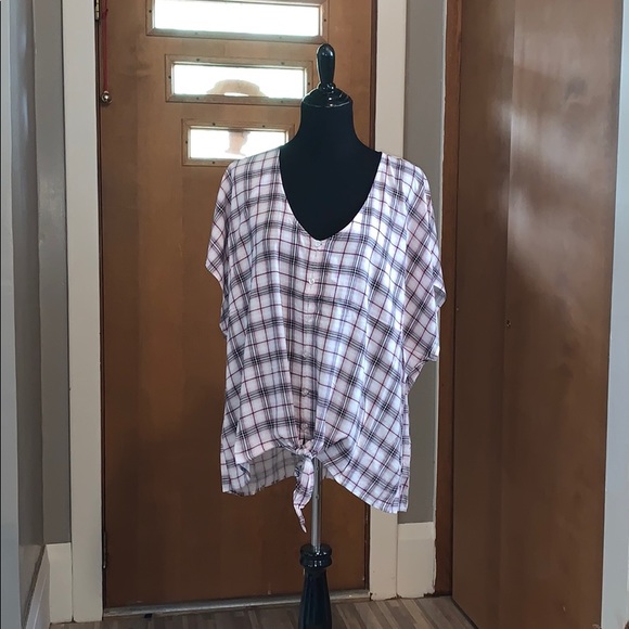TORRID berry plaid challis tie front midi blouse! - Picture 4 of 8